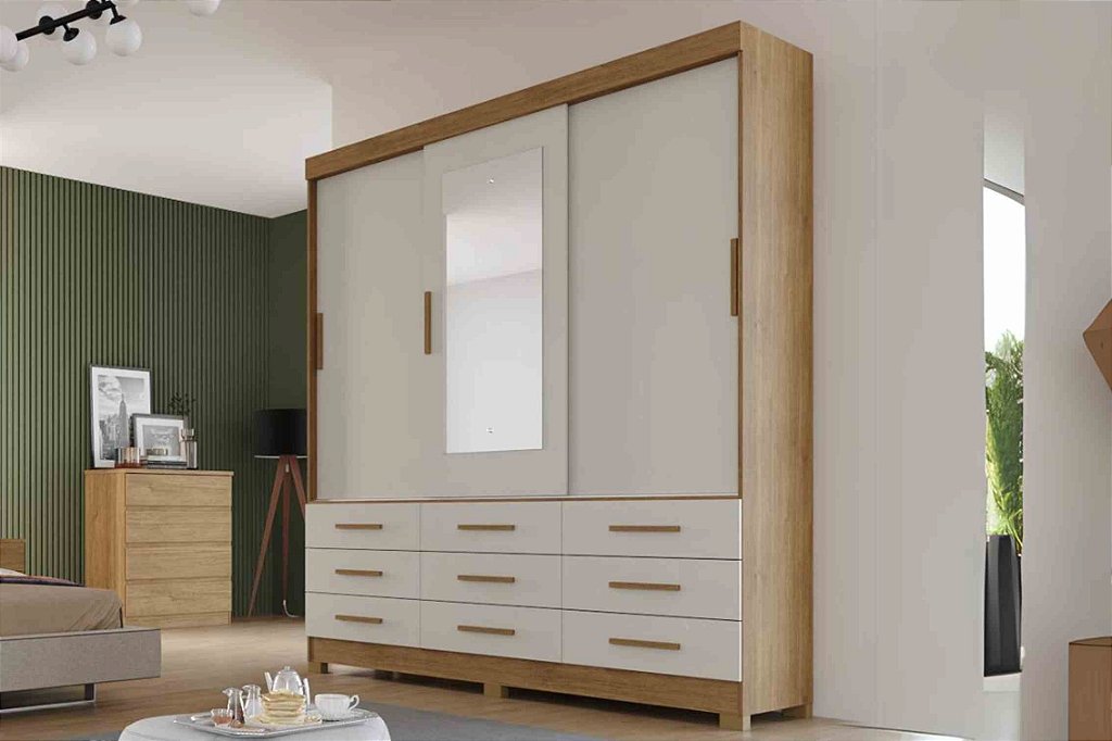 Guarda-Roupas Buriti 3 Portas 9 Gavetas Com Espelho Cumaru/Fendi Fosco 25 - foto 1