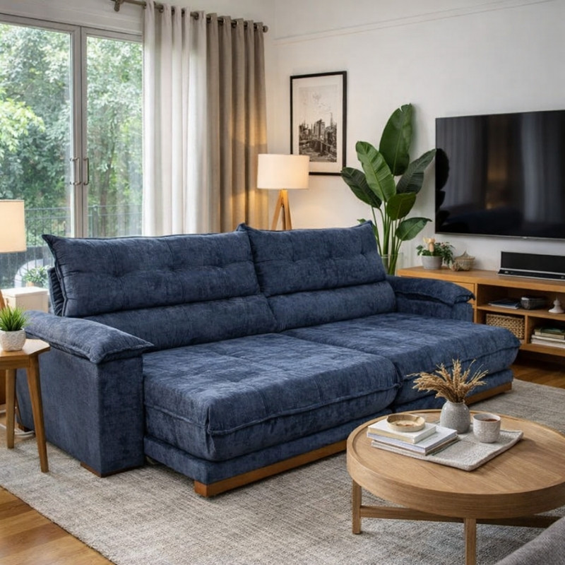 Sofá Retrátil Reclinável Itaúna 2,90m Chenille Azul - foto 1