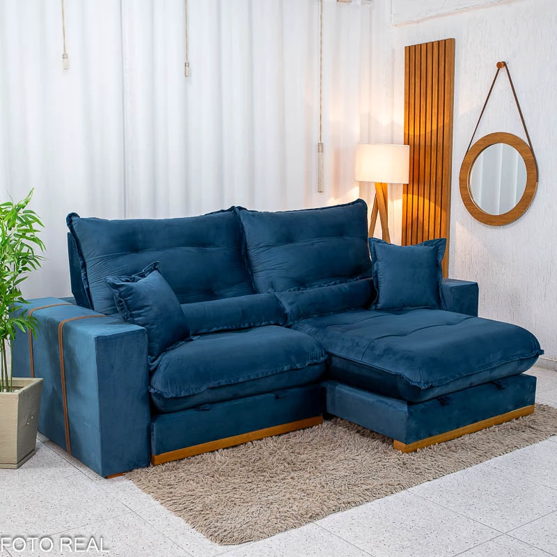 Sofá Retrátil Reclinável Mônaco 2,50m Veludo Azul A16