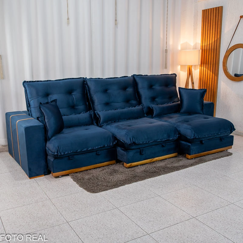 Sofá Retrátil Reclinável Mônaco 3,20m Veludo Azul A16
