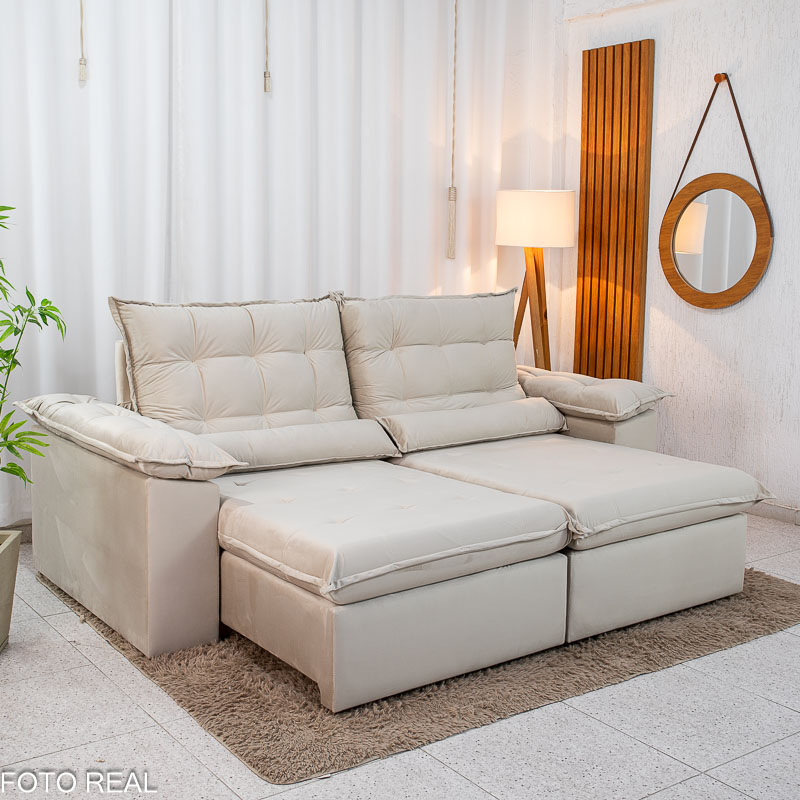 Sofá Retrátil Reclinável Emanuelly 2,30m Veludo Bege - foto 1
