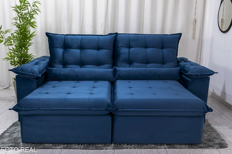 Sofá Retrátil Reclinável Emanuelly 2,30m Veludo Azul