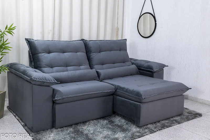 Sofá Retrátil Reclinável Emanuelly 2,00m Veludo Cinza