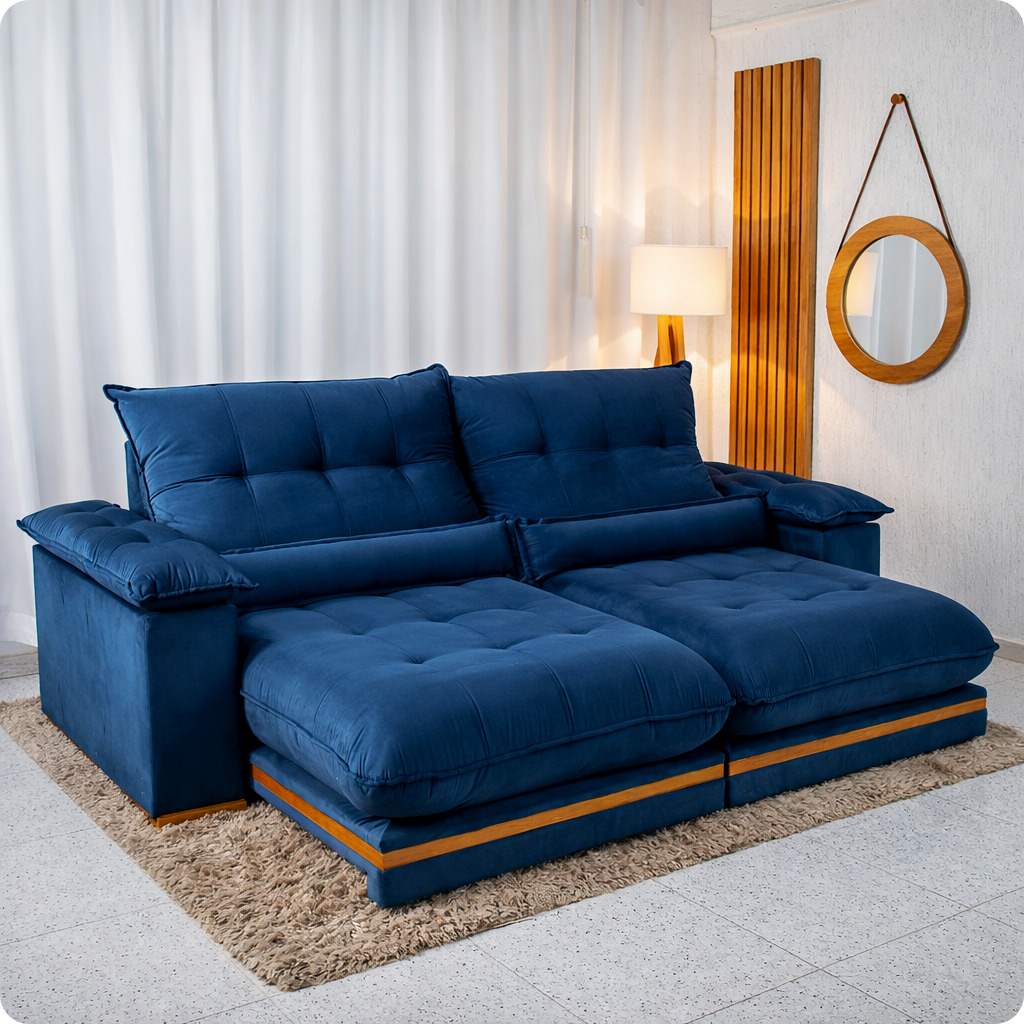 Sofá Retrátil Reclinável Ibis 2,30m Veludo Azul - foto 1