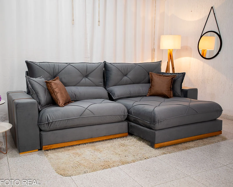 Sofá Retrátil Reclinável Gran Bello 2,90m Veludo Cinza
