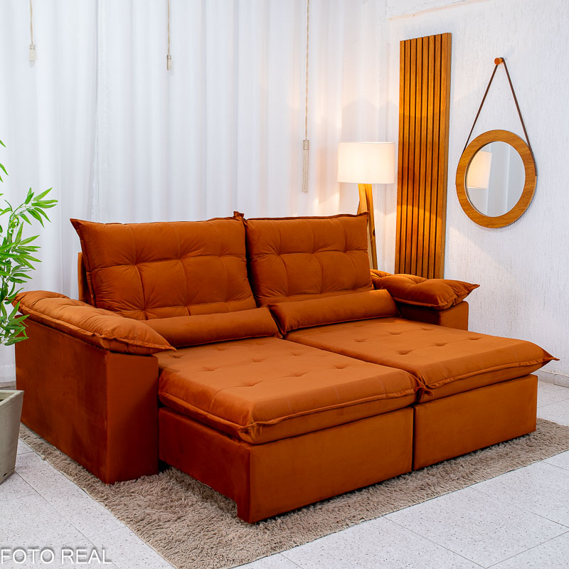 Sofá Retrátil Reclinável Emanuelly 2,30m Veludo Terracota - foto 1